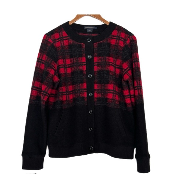 Pendleton Red and Black Plaid Wool Cardigan - Picture 1 of 4
